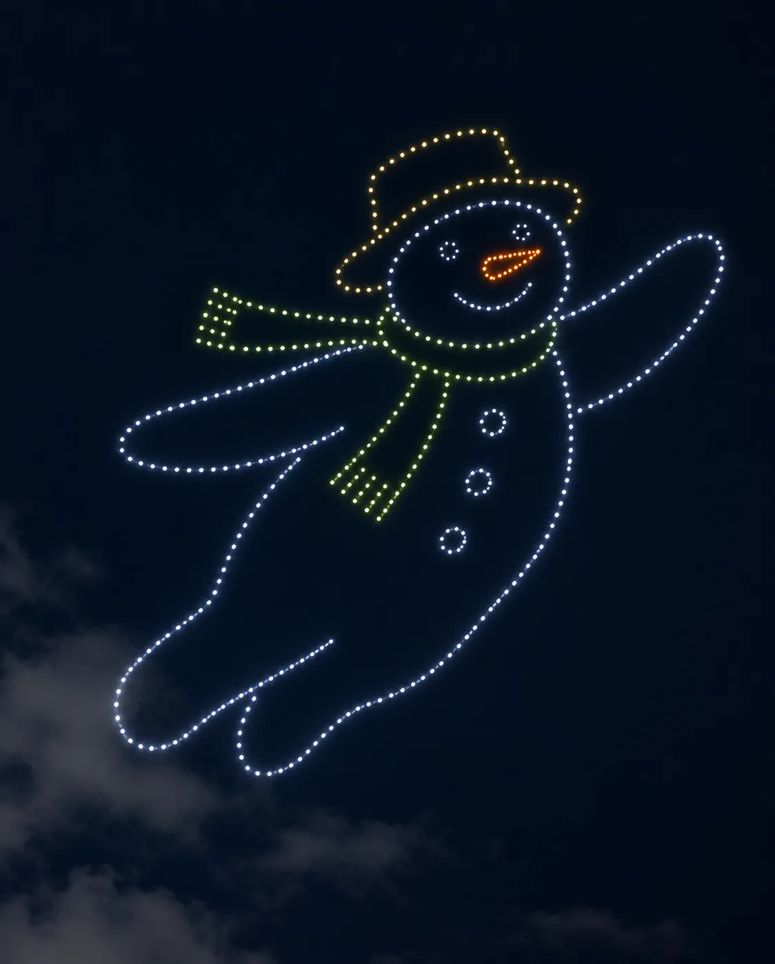 Drones forming Raymond Briggs The Snowman in the night sky